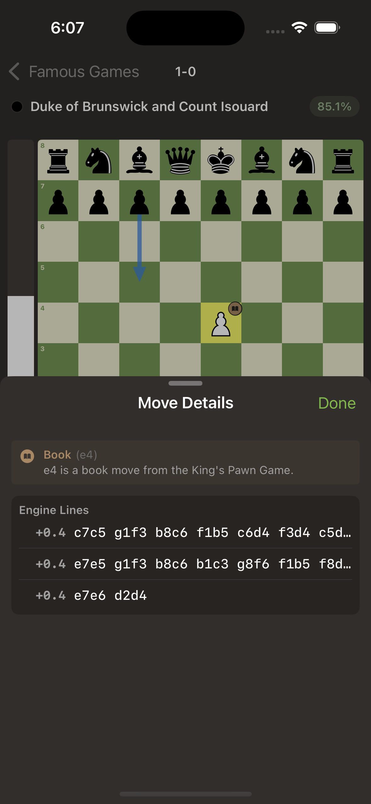 Move analysis showing Stockfish engine principal variation lines