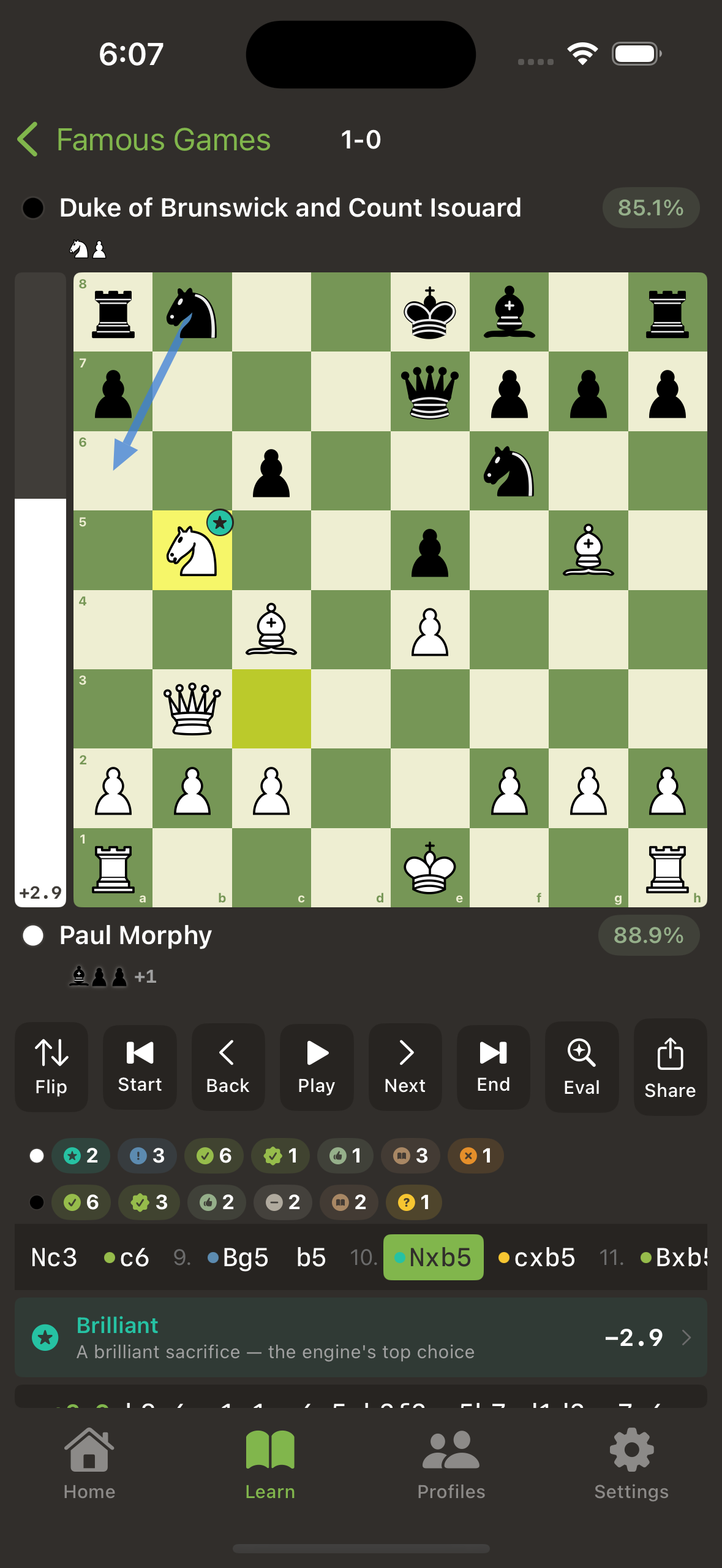Detailed move review with classification and best alternative