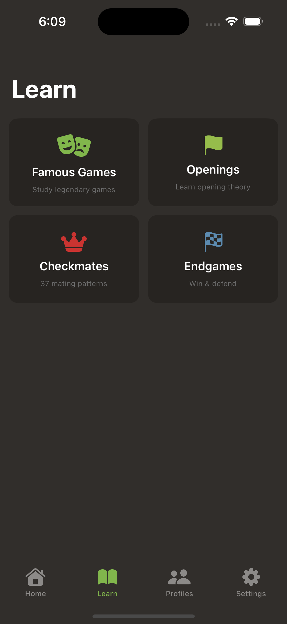 Learn tab with famous games, openings, checkmates and endgames